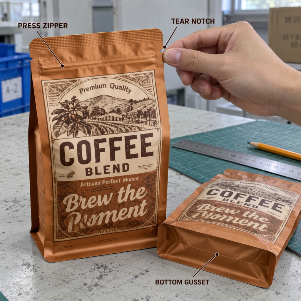 Custom Printed Stand Up Coffee Packaging Pouch with Press Zipper, Tear Notch and Bottom Gusset