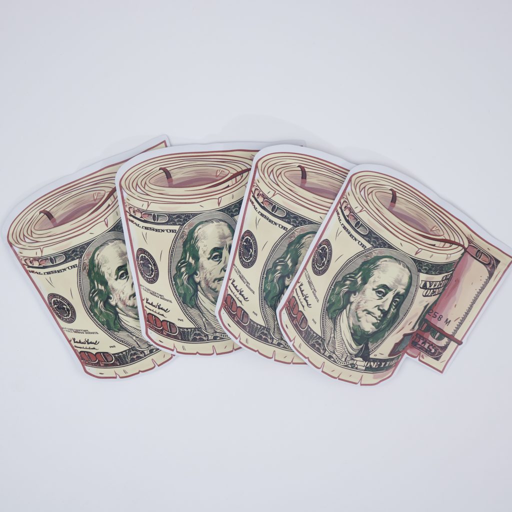 Custom Printed Rolled Banknote-Shaped Die-Cut Mylar Pouch for Candy, Snacks, Gifts and Promotional Packaging