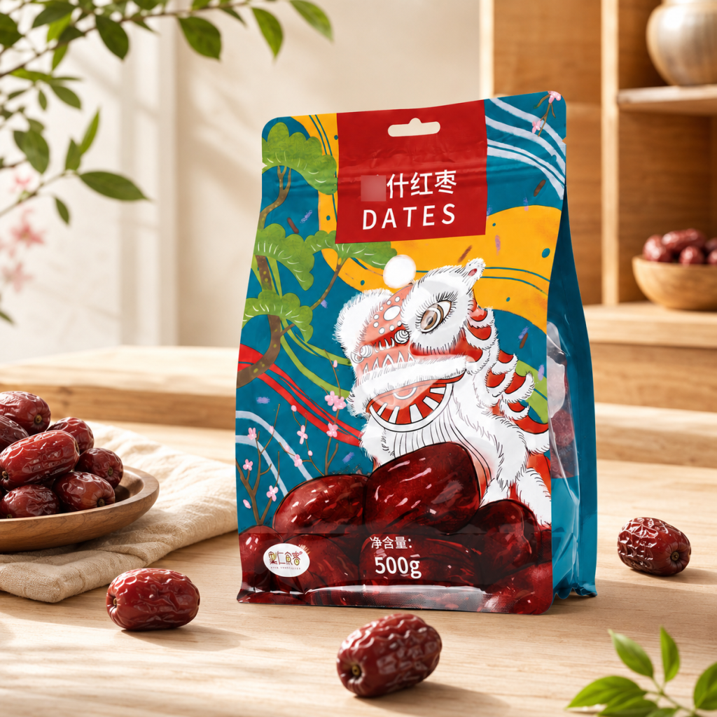 Custom Printed Eight-Side Seal Flat Bottom Pouch with Hang Hole and Clear Window for Dates, Nuts and Dried Fruit