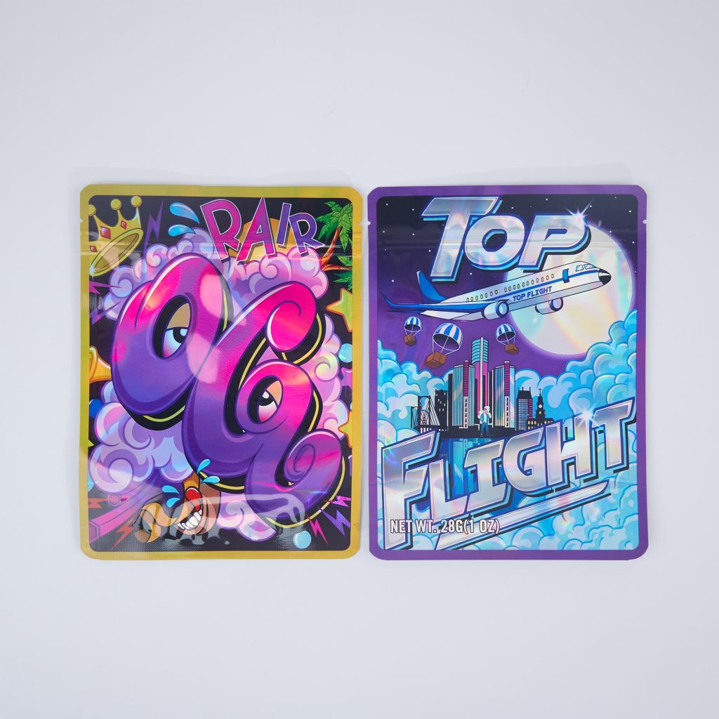 Custom Printed Holographic Mylar Zipper Bags with Tear Notches for Candy, Snacks and Retail Product Packaging