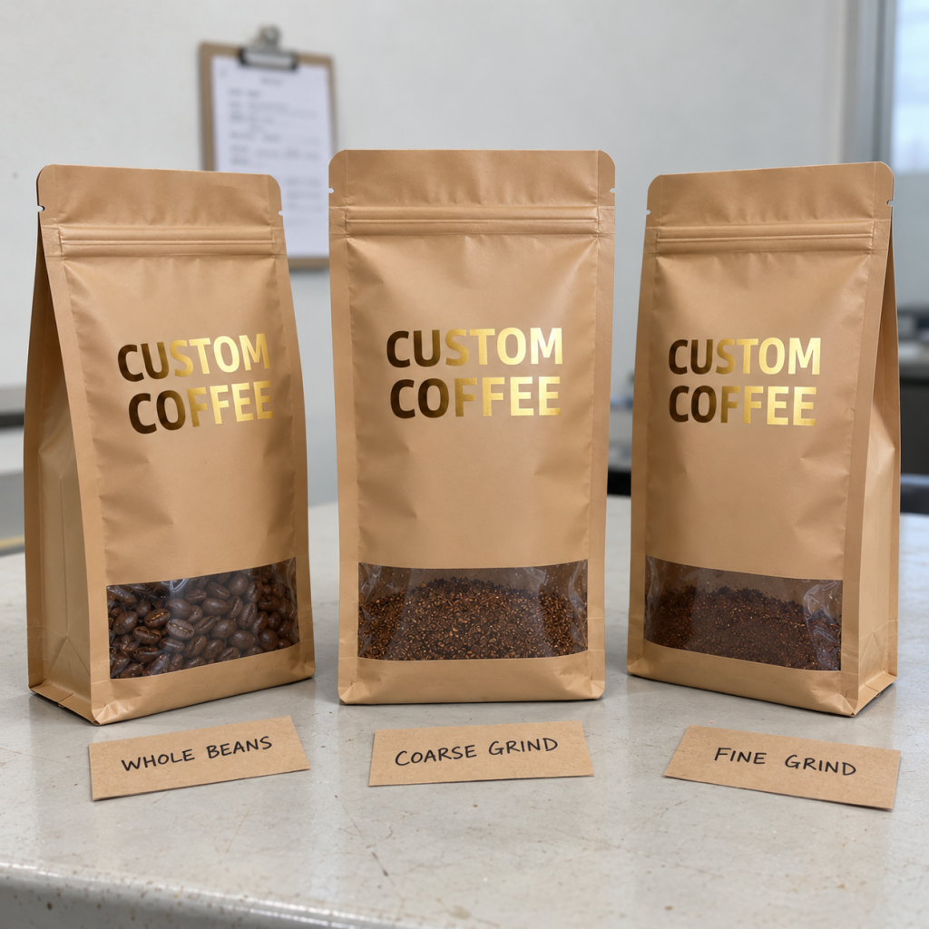 Custom Printed Kraft Flat Bottom Coffee Bags with Resealable Zipper and Clear Window for Whole Beans and Ground Coffee