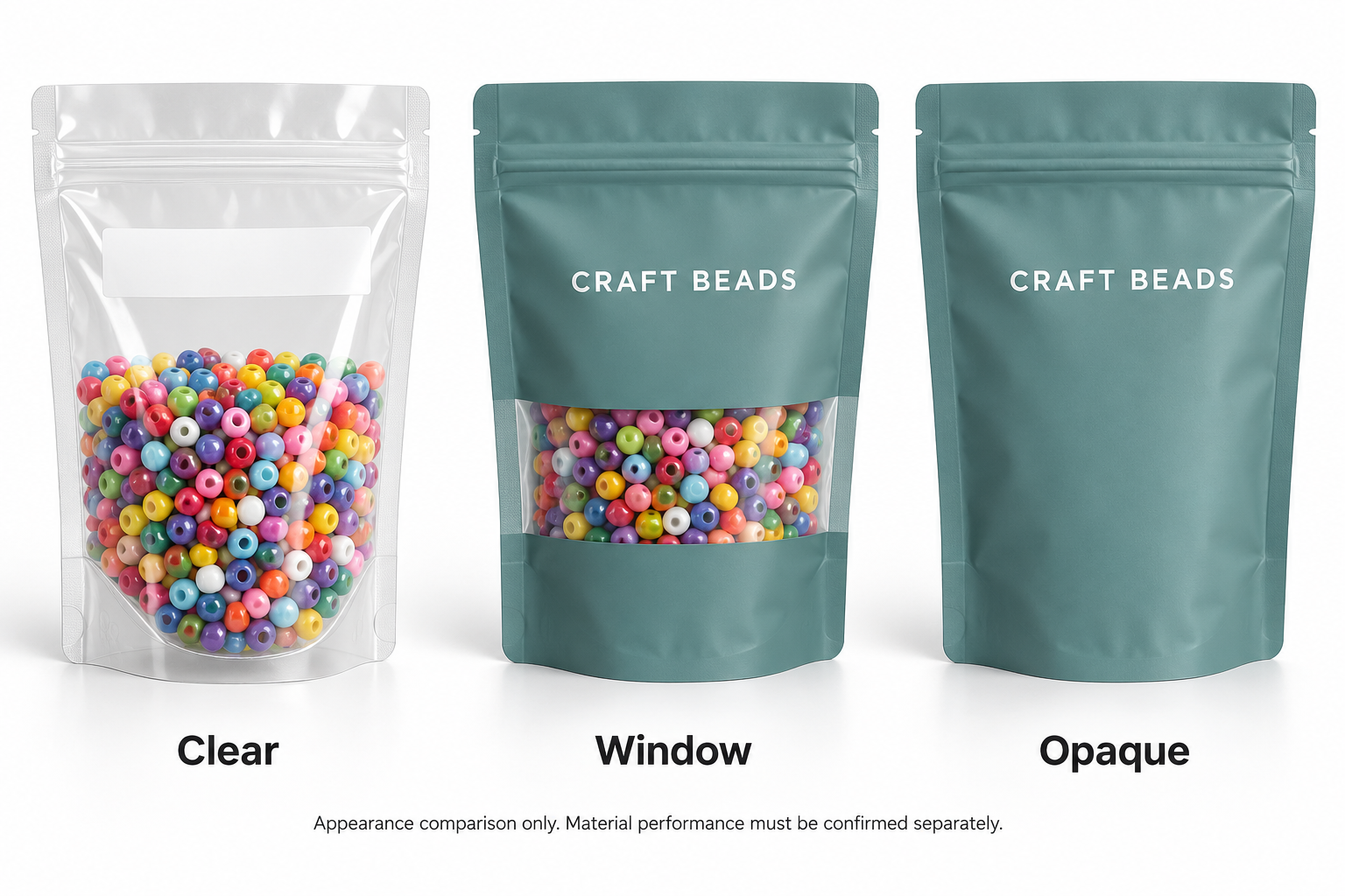 Clear, window and opaque stand-up pouches containing craft beads