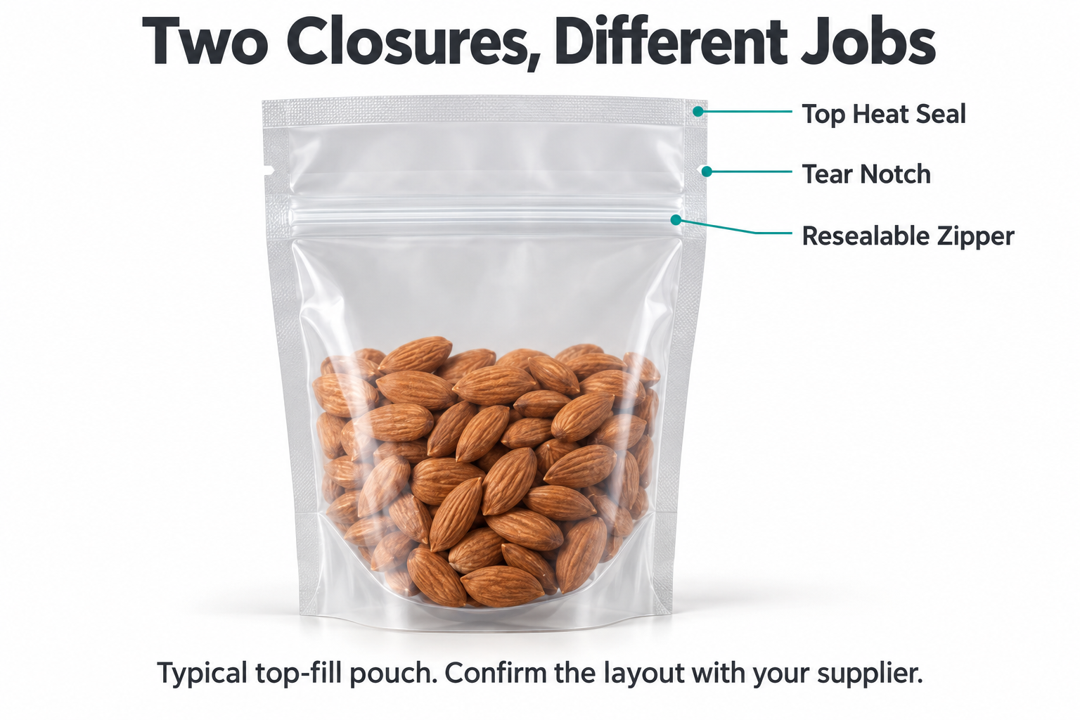 Top heat seal, tear notch and resealable zipper on a stand-up pouch