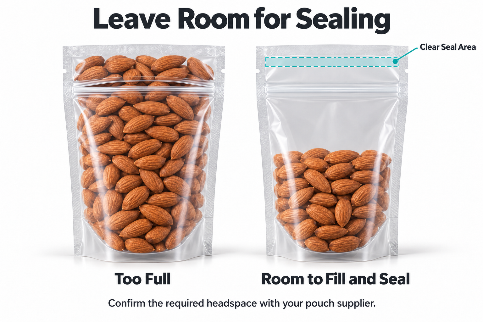 Overfilled pouch compared with a pouch with space for sealing