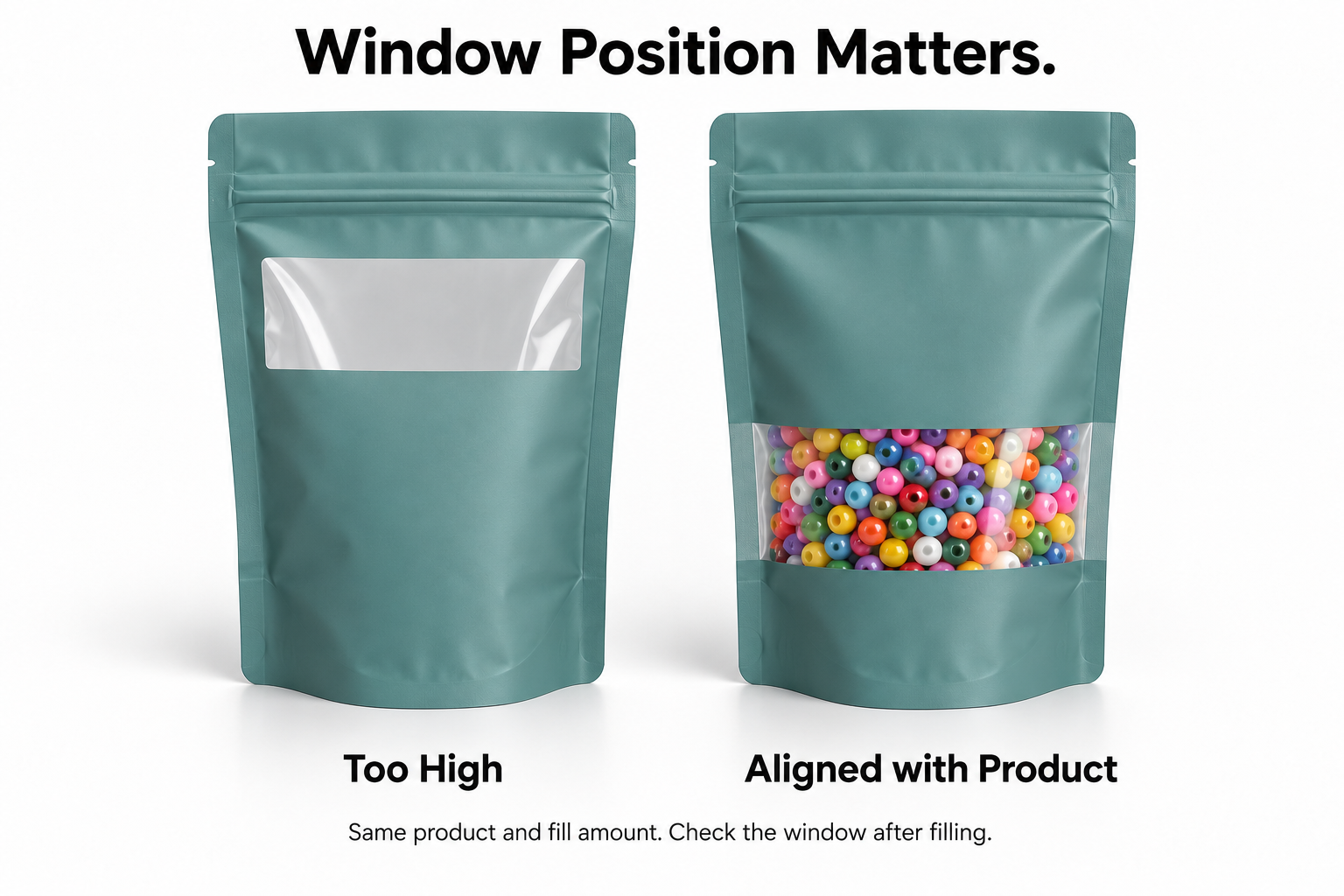 Window pouch comparison showing a window above the product and a window aligned with the product