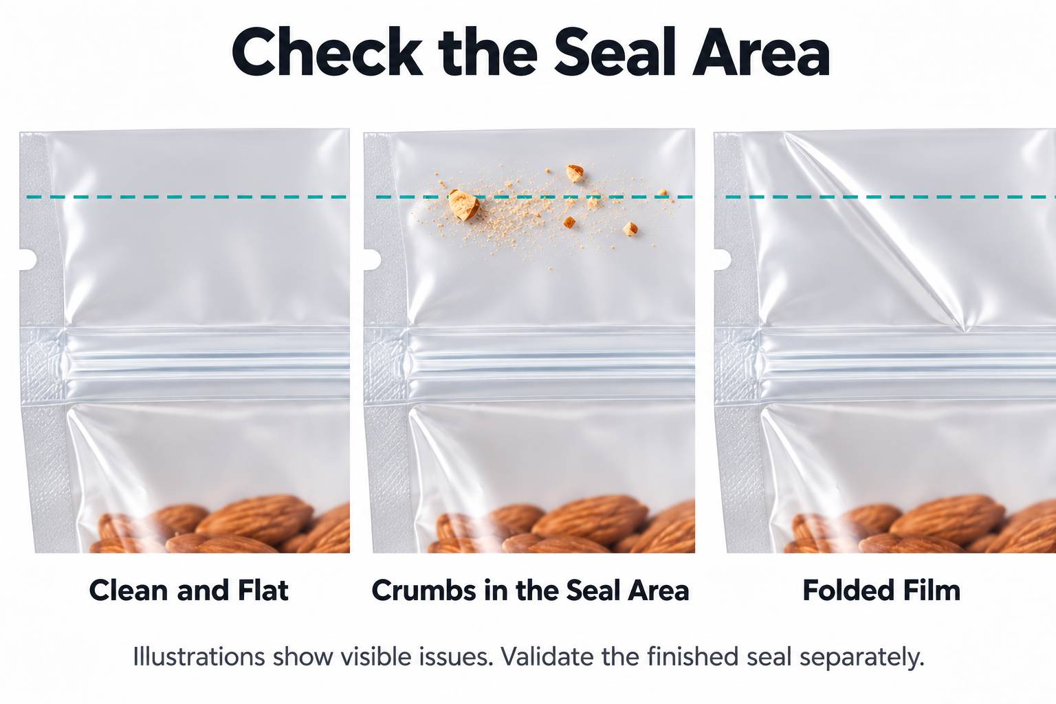 Clean sealing area compared with product crumbs and folded film