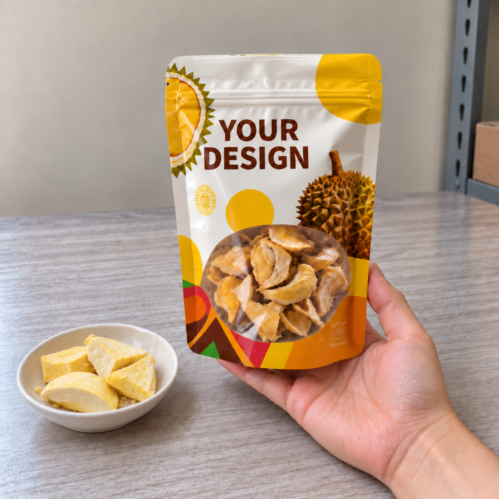 Custom Printed Stand-Up Zipper Pouches with Clear Window for Freeze-Dried Durian and Fruit Snack Packaging