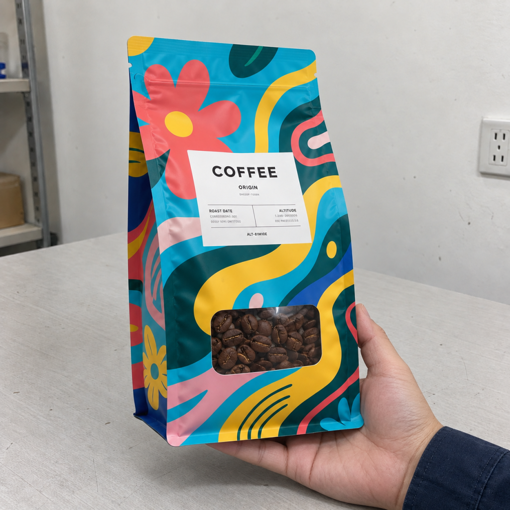 Custom Printed Flat Bottom Coffee Bags with Clear Window, Resealable Zipper and Expandable Side Gussets