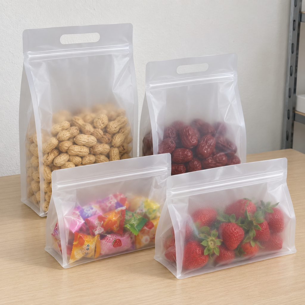 Custom Frosted Flat Bottom Zipper Bags with Carry Handle for Coffee, Nuts, Candy and Snack Packaging