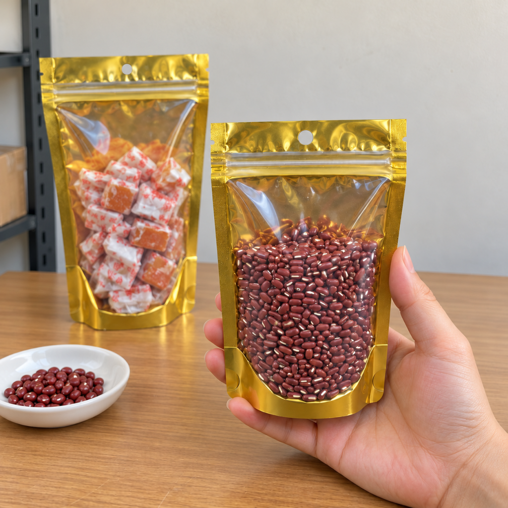 Custom Gold Stand-Up Zipper Pouches with Clear Window and Hang Hole for Nuts, Candy and Dry Food Packaging
