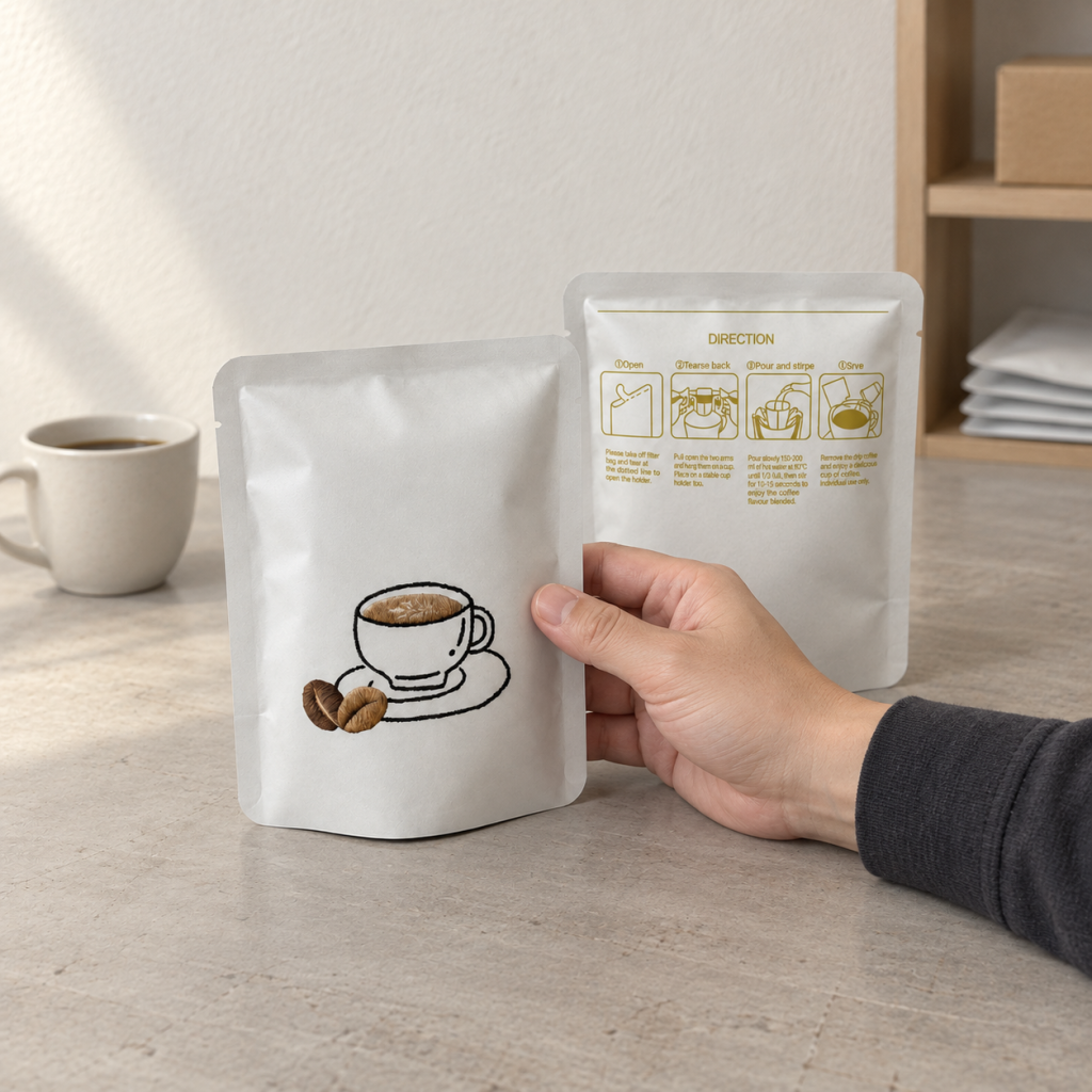 Custom Printed Single-Serve Drip Coffee Packaging Pouches with Bottom Gusset, Tear Notches and Heat-Sealed Edges