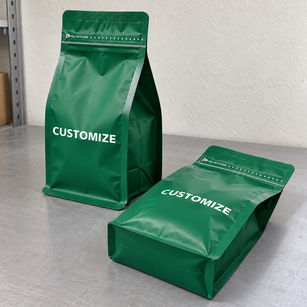 Custom Matte Green Flat Bottom Bags with Easy-Open Pull Tab, Pocket Zipper and Side Gussets