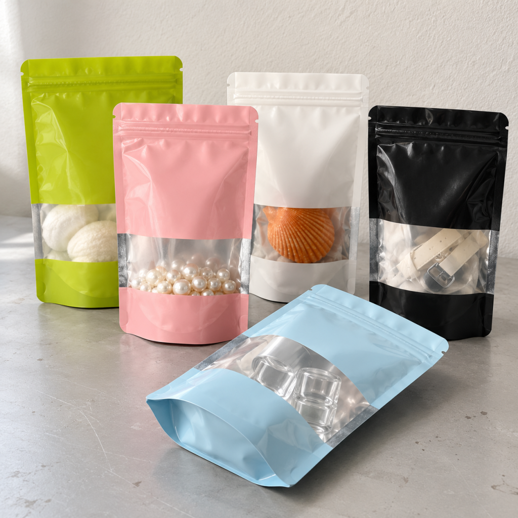 Custom Colored Stand-Up Zipper Pouches with Clear Window for Cosmetics, Accessories and Small Product Packaging