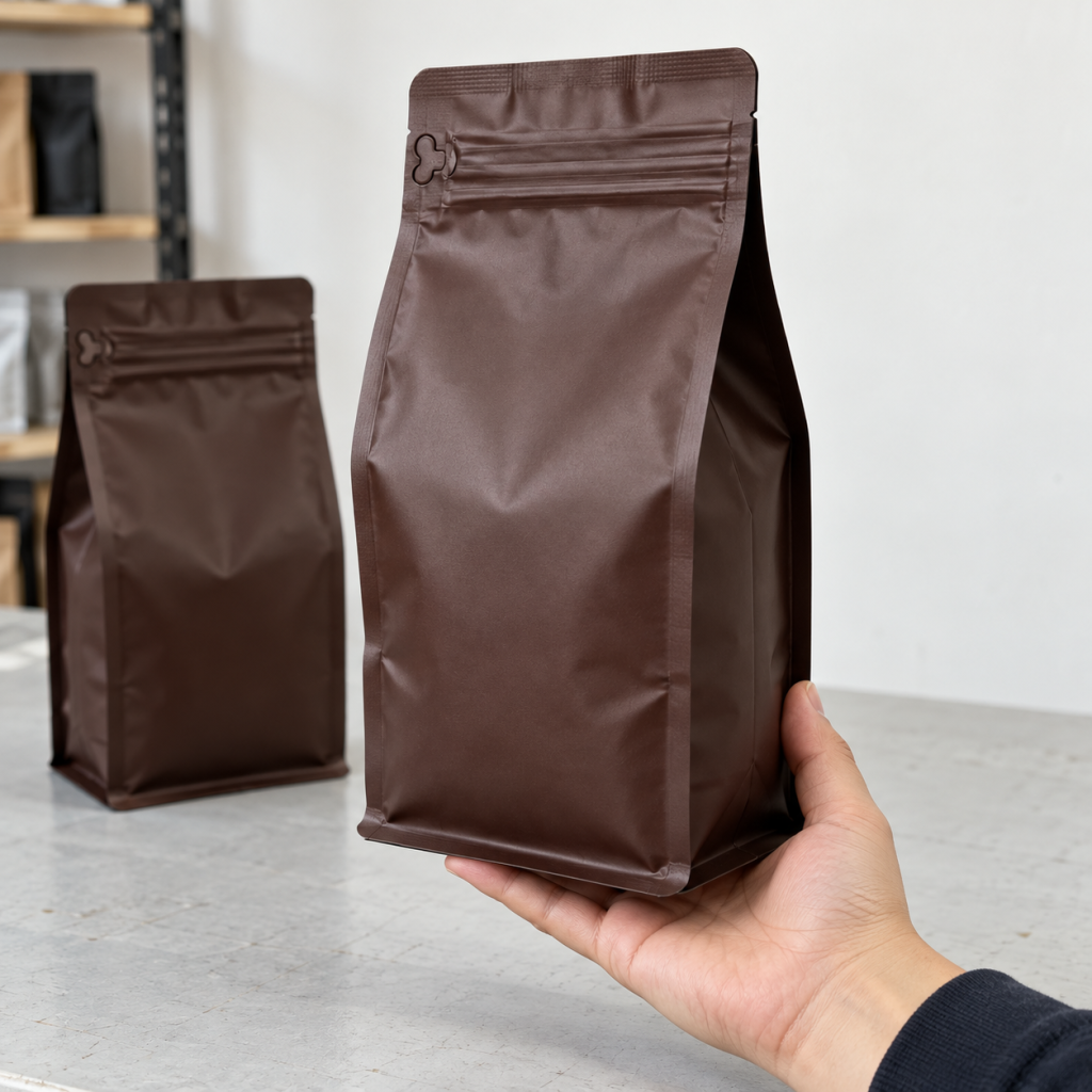 Custom Matte Brown Flat Bottom Zipper Bags with Pull-Tab Opening for Coffee, Tea and Dry Food Packaging