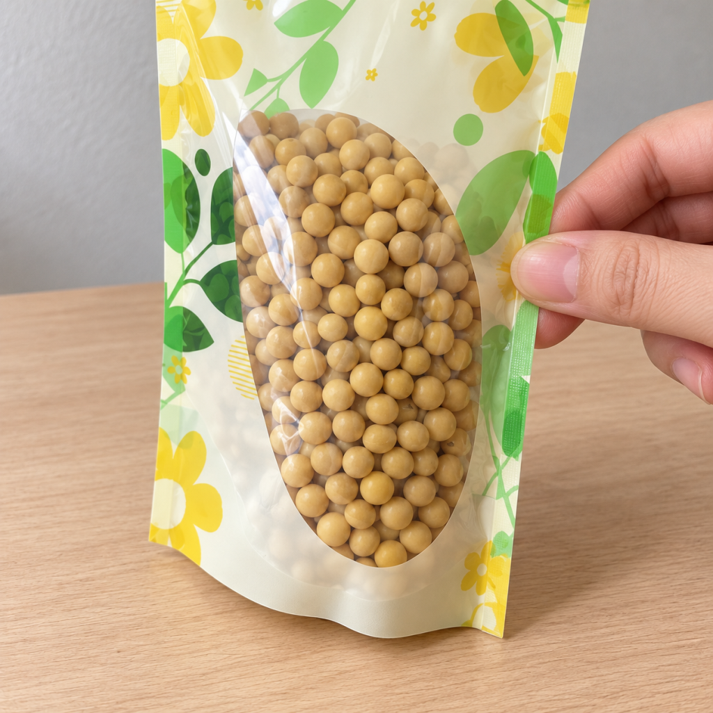 Custom Floral Printed Stand-Up Zipper Pouches with Oval Clear Window for Beans, Grains and Dry Food Packaging