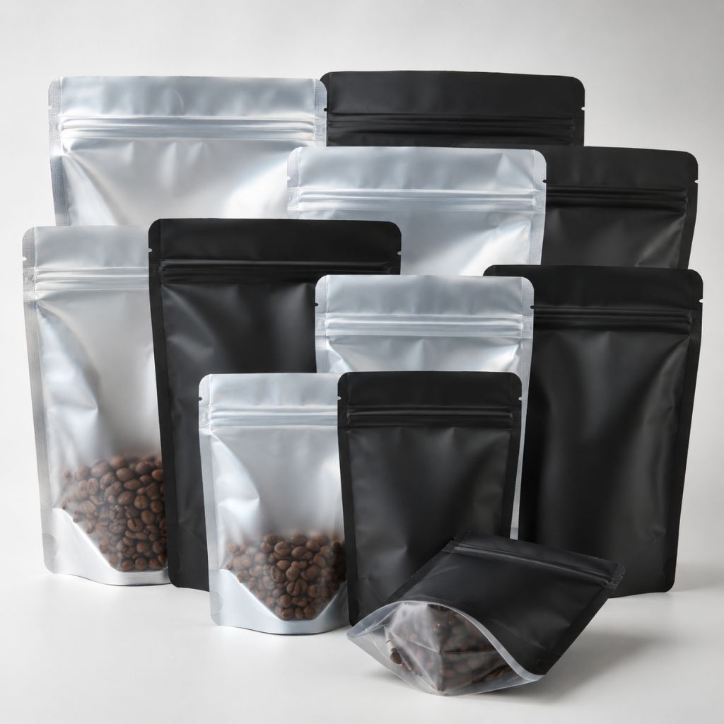 Custom Black and Silver Stand-Up Zipper Pouches with Clear Window Options