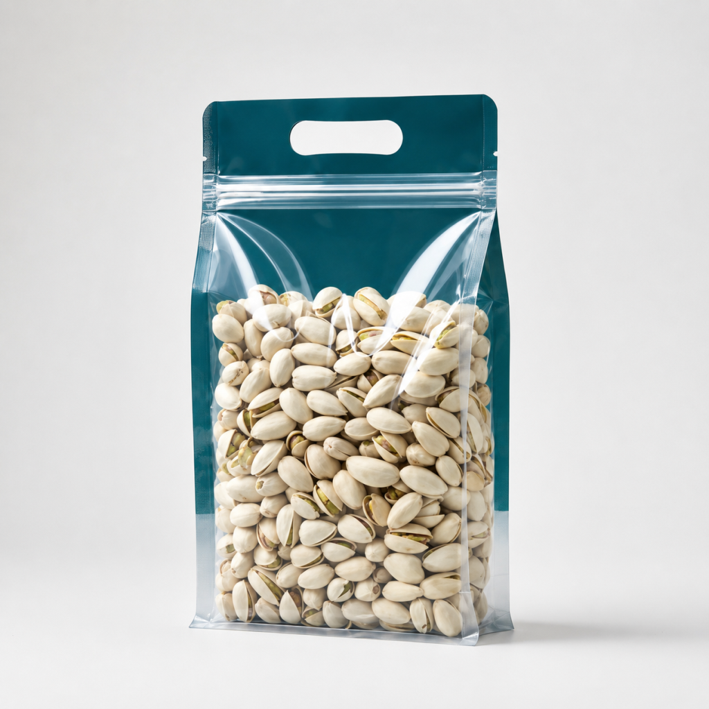 Custom Clear Front Flat Bottom Zipper Bags with Carry Handle for Nut Packaging