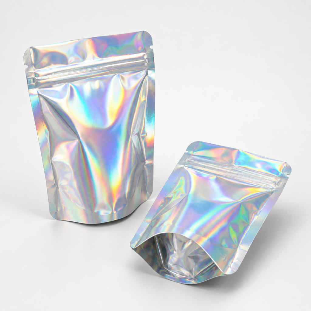 Custom Holographic Stand-Up Zipper Pouches in Multiple Colors for Retail Packaging