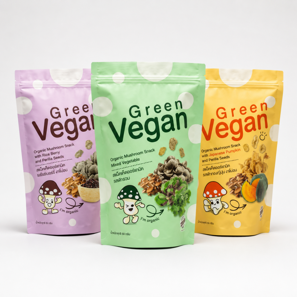 Custom Printed Stand-Up Zipper Pouches for Mushroom Chips and Vegan Snack Packaging