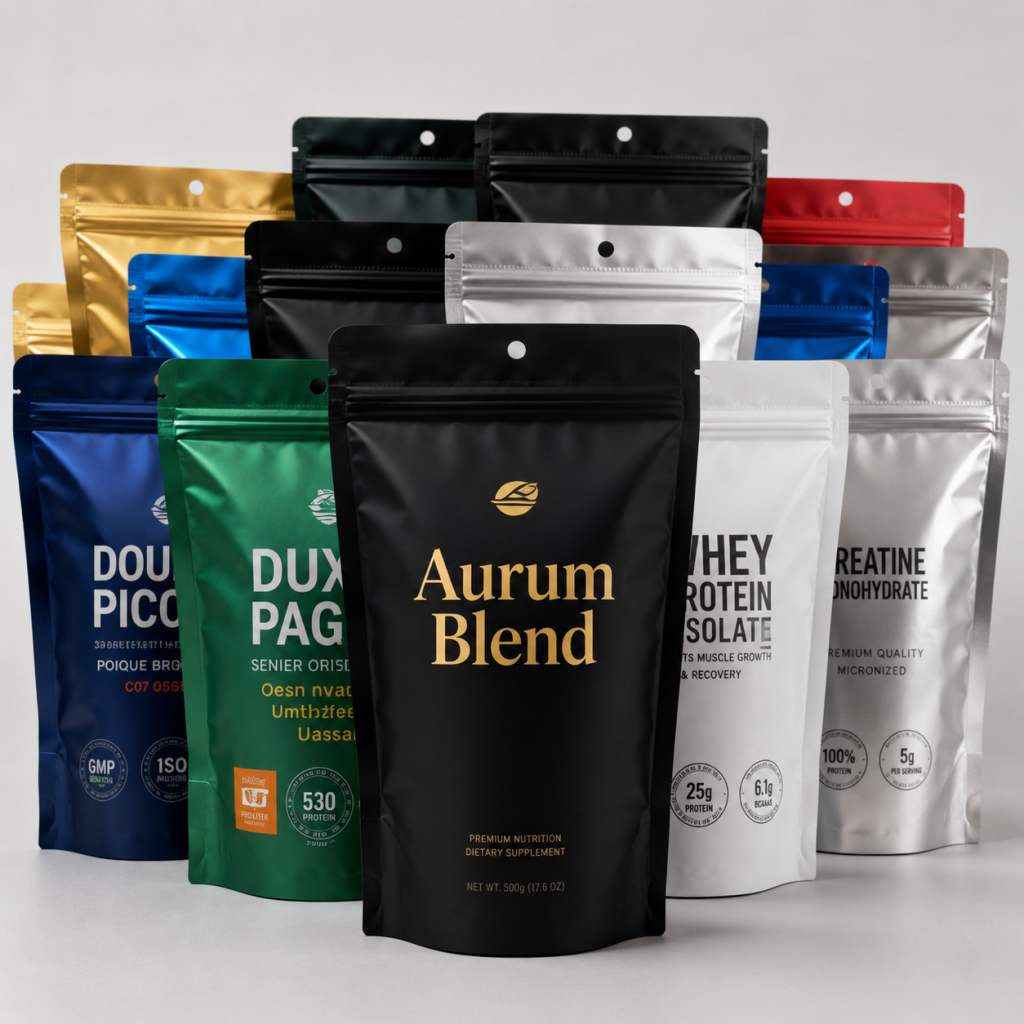 Custom Printed Stand-Up Zipper Pouches with Hang Hole for Protein and Supplement Powder Packaging