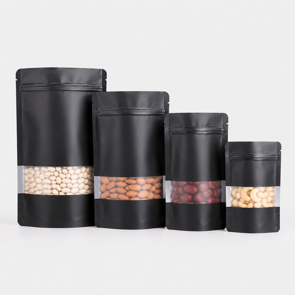 Custom Matte Black Stand-Up Zipper Pouches with Horizontal Clear Window
