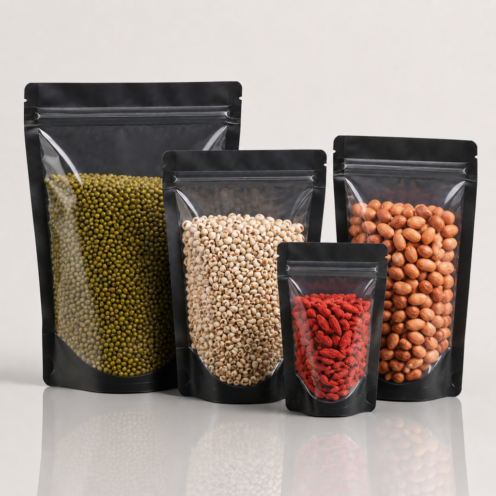 Custom Black Stand-Up Zipper Pouches with Large Clear Window for Nuts and Grains