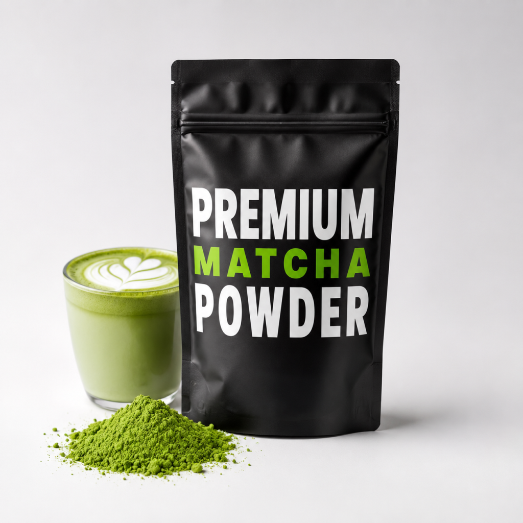 Custom Printed Matte Black Stand-Up Zipper Pouches for Matcha Powder Packaging