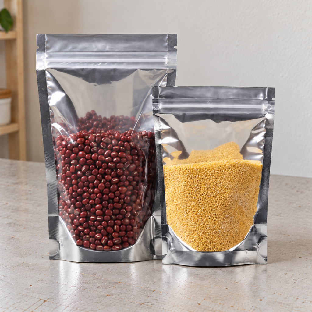 Custom Silver Stand-Up Zipper Pouches with Clear Window for Beans, Grains, Seeds and Dry Food Packaging