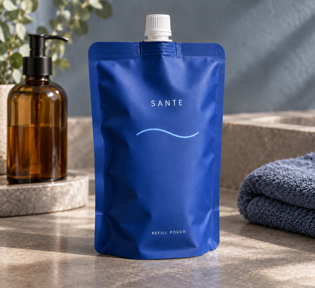 SANTE Blue Printed Stand-Up Spout Pouch with Screw Cap