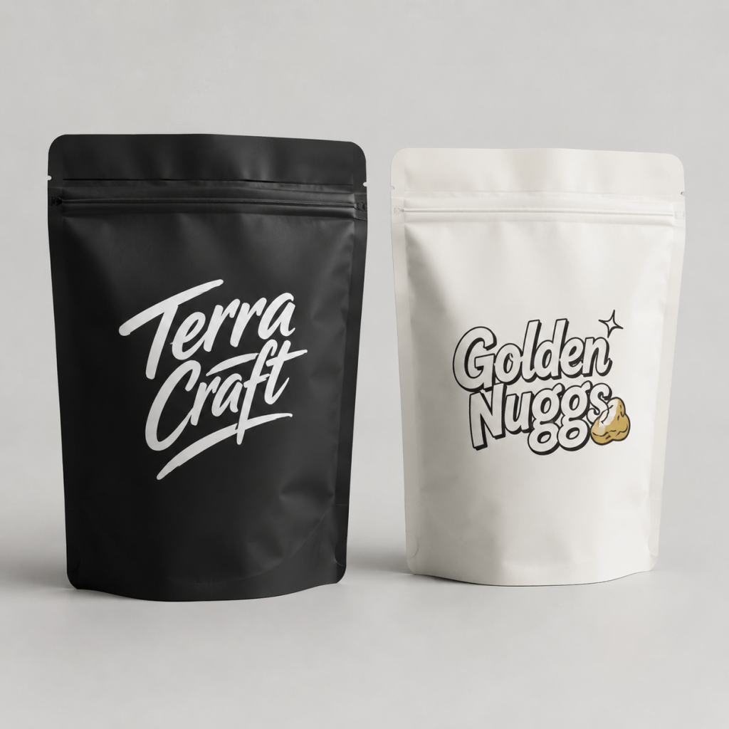 Custom Printed Black and White Stand-Up Zipper Pouches for Retail Packaging