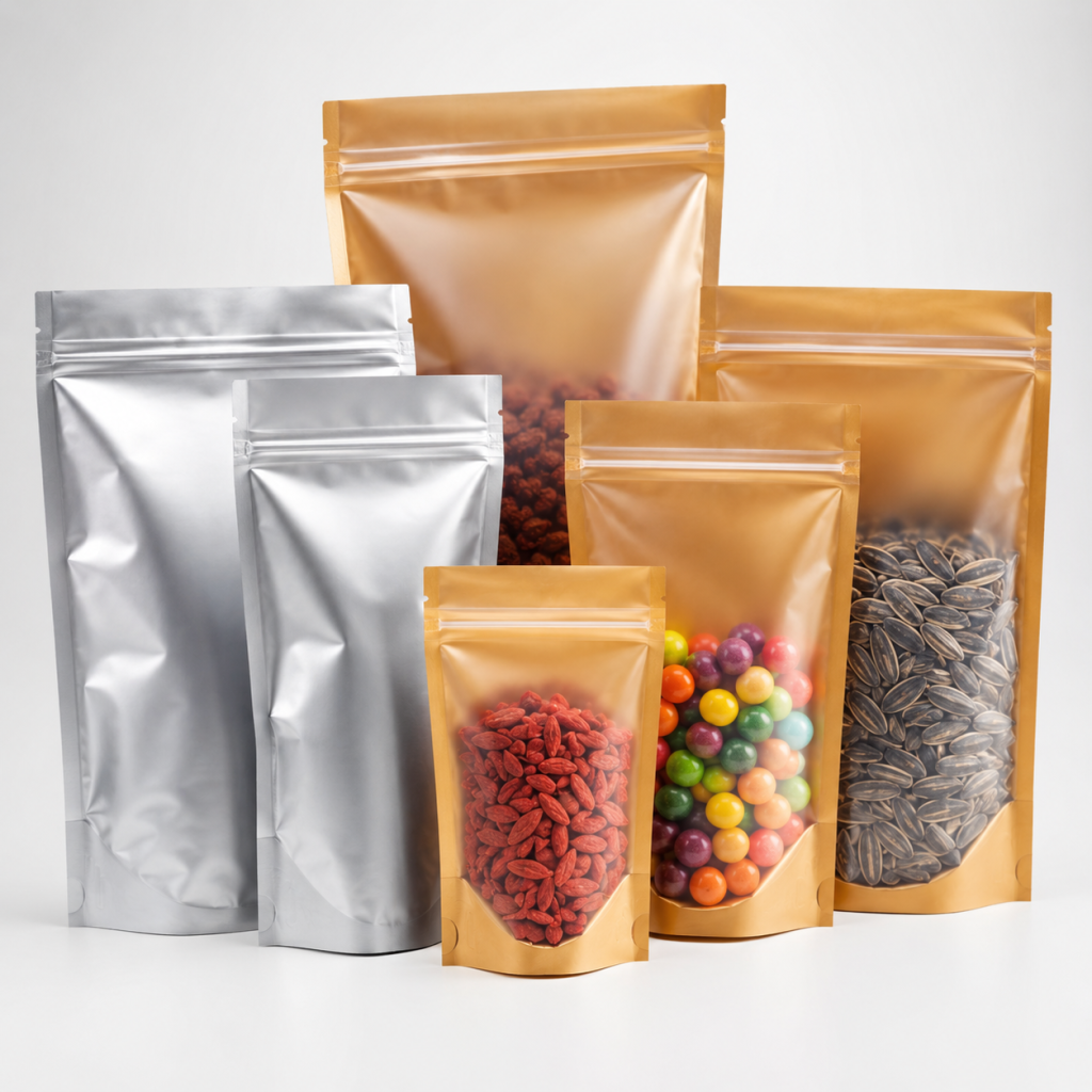 Custom Gold and Silver Stand-Up Zipper Pouches with Clear Window Options