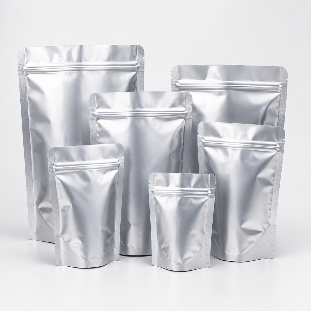 Custom Silver Stand-Up Zipper Pouches in Multiple Sizes for Dry Goods Packaging