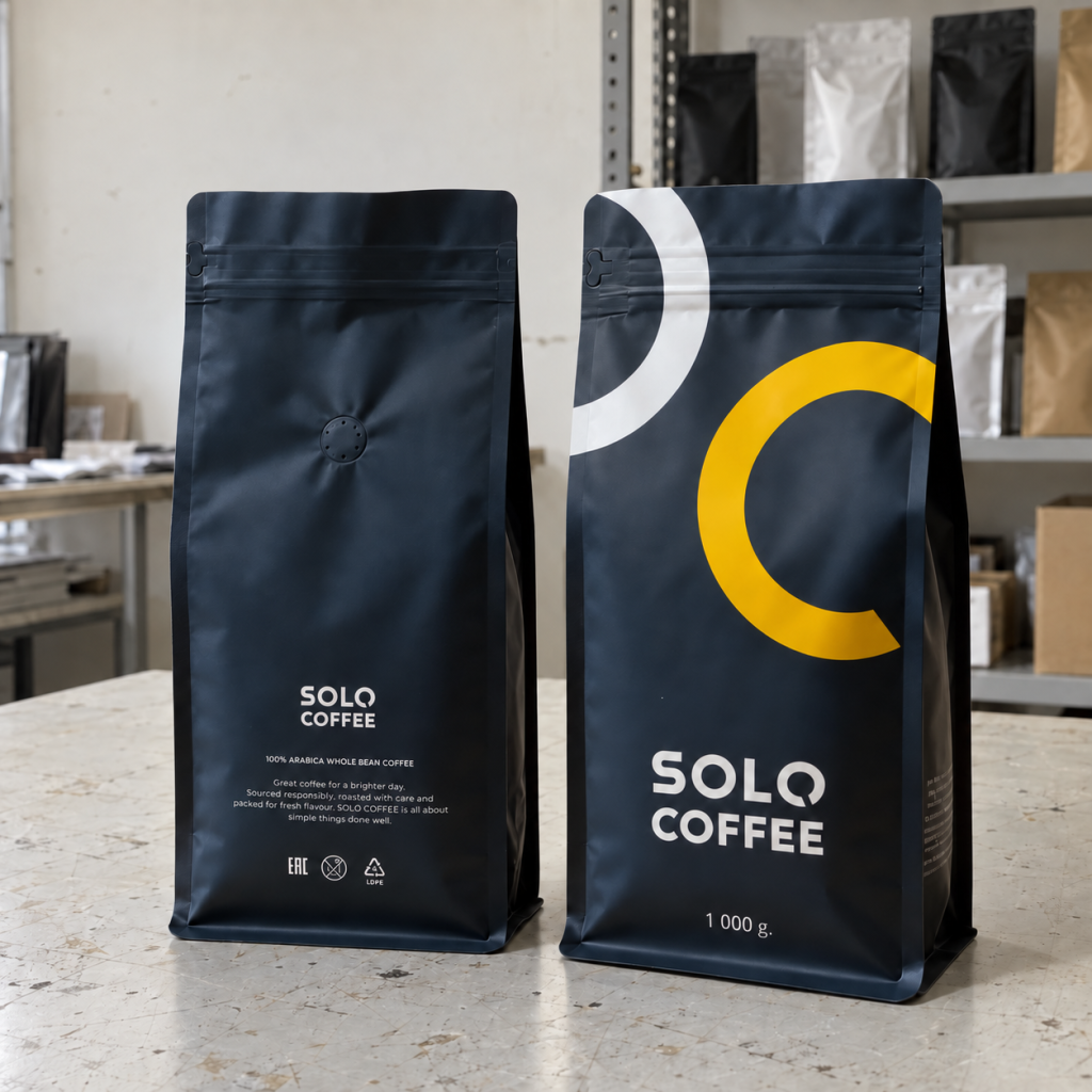 Custom Matte Black Flat-Bottom Coffee Bags with Resealable Zipper and One-Way Degassing Valve