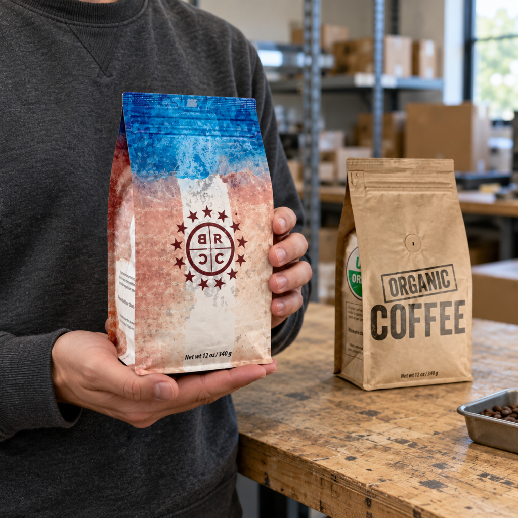 Custom Kraft Paper Flat-Bottom Coffee Bags with Resealable Zipper and One-Way Degassing Valve