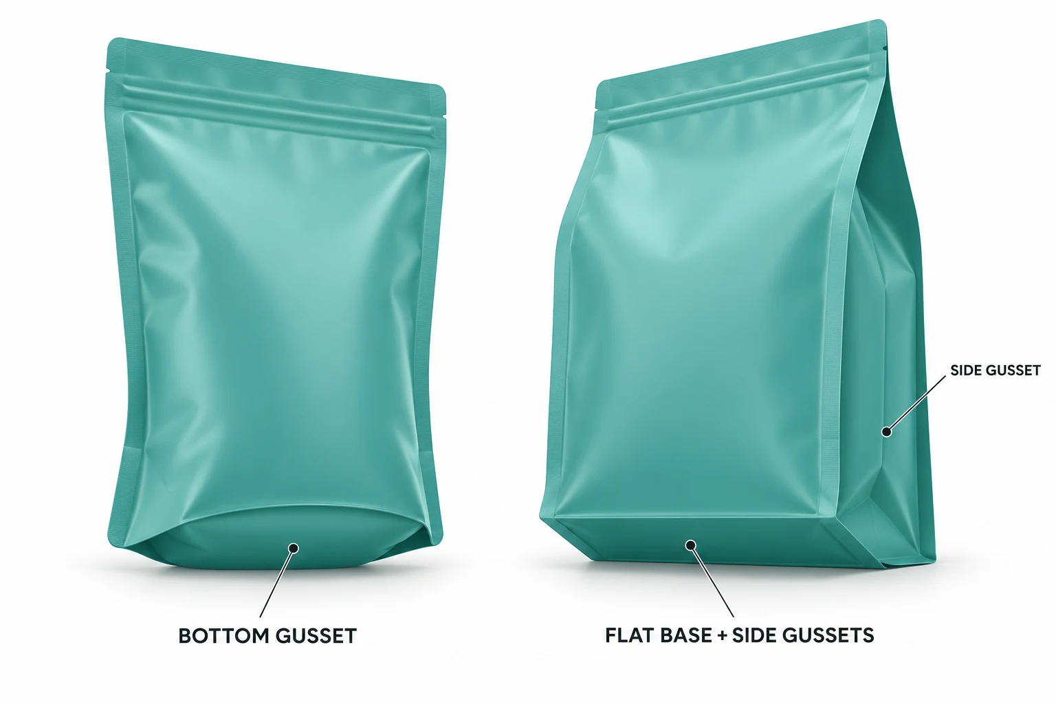 Illustration comparing a doypack bottom gusset with the rectangular base and side gussets of a flat bottom pouch