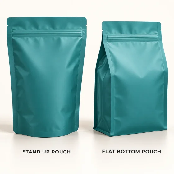 Illustration of a stand up pouch beside a flat bottom pouch, showing their different shapes